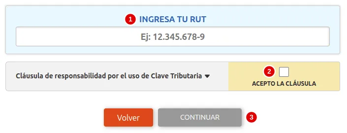 Formulario Recuperar Clave Tributaria del SII con globitos rojos 1, 2 y 3 sobre el campo del RUT, la casilla Acepto la cláusula y el botón Continuar.