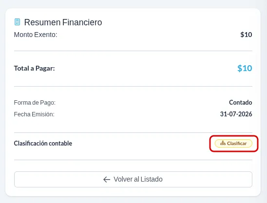 Tarjeta Resumen Financiero con el monto exento, el total a pagar, la forma de pago y el botón Clasificar destacado en rojo.