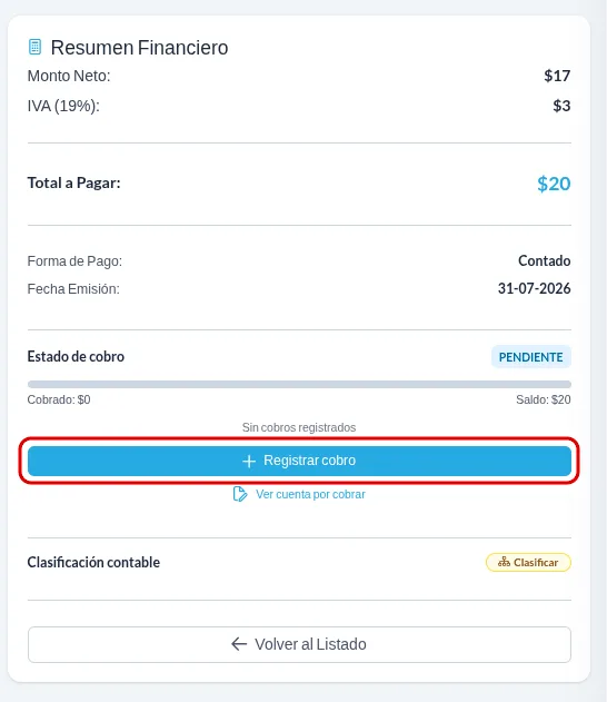 Tarjeta Resumen Financiero con el neto, el IVA, el total a pagar, el estado de cobro y el botón Registrar cobro destacado en rojo.