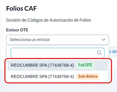 Desplegable Emisor DTE abierto, con las dos opciones del emisor destacadas en rojo y sus etiquetas Full DTE y Solo Boleta.