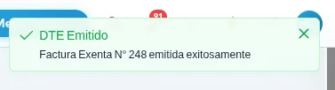 Aviso verde que dice DTE Emitido, Factura Exenta N° 248 emitida exitosamente.