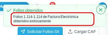Aviso verde Folios obtenidos con el rango 1.114-1.114 de Factura Electrónica destacado en rojo.