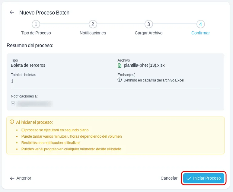 Paso Confirmar con el resumen del proceso, los avisos de ejecución en segundo plano y el botón Iniciar Proceso destacado en rojo.