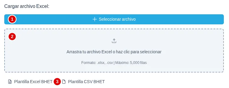 Pantalla Cargar archivo Excel con tres marcas numeradas: el botón Seleccionar archivo, la zona punteada para arrastrar y los botones de plantilla Excel y CSV.